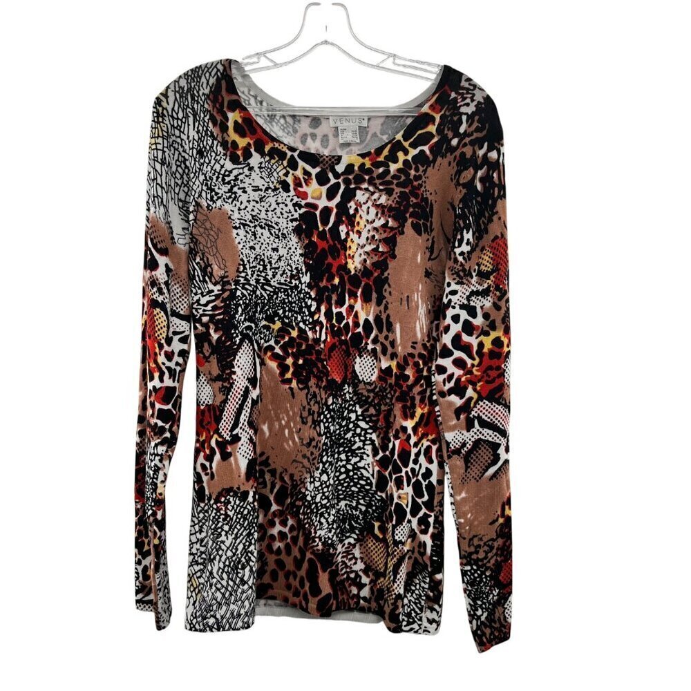 Venus Women's Long Sleeve Animal Print Multicolor Top Round Neck Size Large